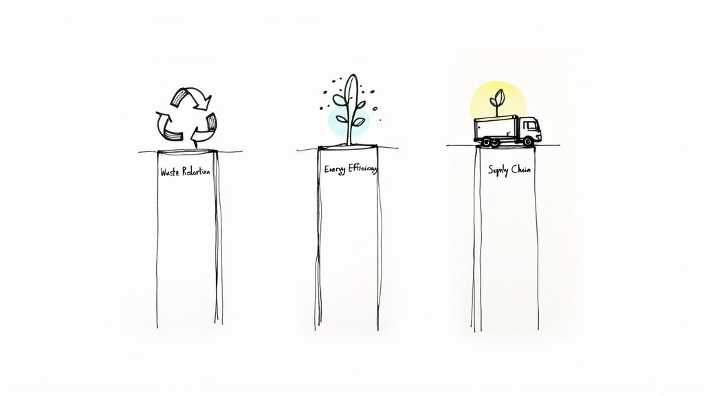 Three distinct icons representing waste reduction, energy efficiency, and a responsible supply chain, symbolizing the pillars of sustainable production.