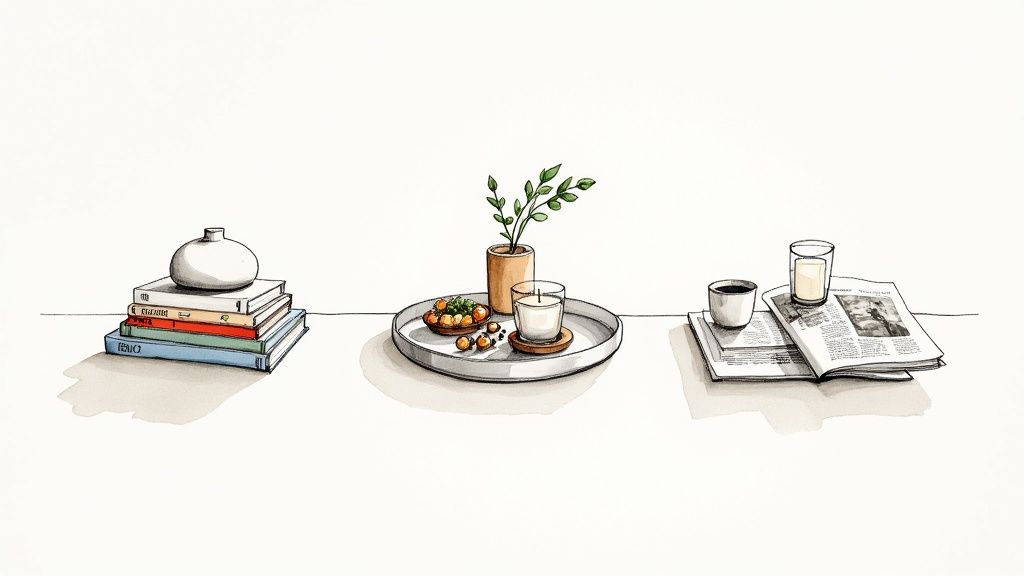 A beautifully styled Italian coffee table with a mix of books, a vase of fresh flowers, and a sculptural object.