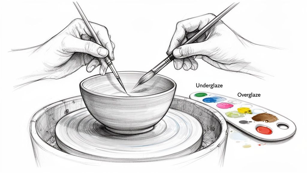 An illustration of two hands applying underglaze and overglaze to a ceramic bowl on a potter's wheel.