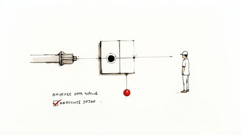 A simple diagram showing a device aiming at a central target with a red ball, observed by a person.