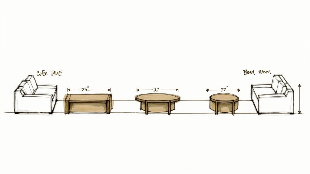 A detailed sketch of various coffee tables and sofas with dimensions, showcasing a furniture layout.