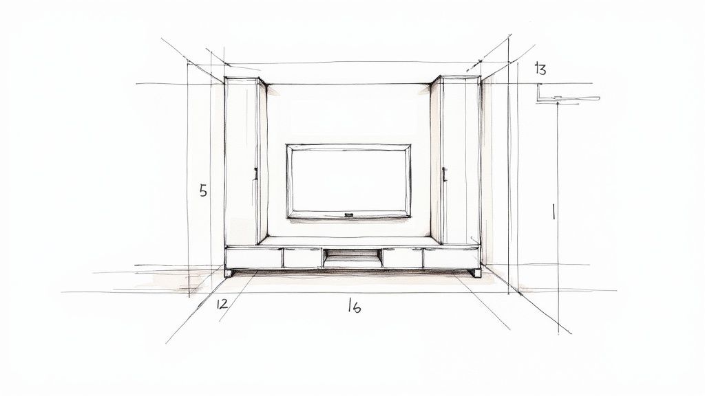 Hand-drawn sketch of a modern wall unit featuring TV space, side cabinets, and a lower console with drawers.