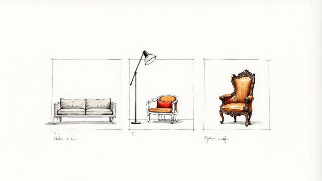 Sketches of diverse living room furniture, including a modern sofa, classic armchair, and antique chair.