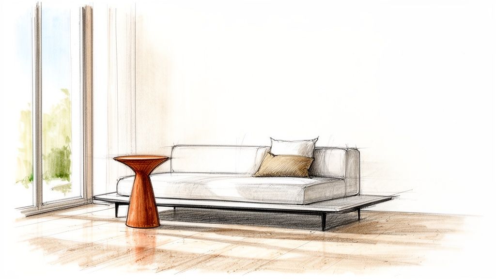 A watercolor and pencil sketch depicting a modern minimalist living room with a white sofa and a unique brown side table, beside a large window.