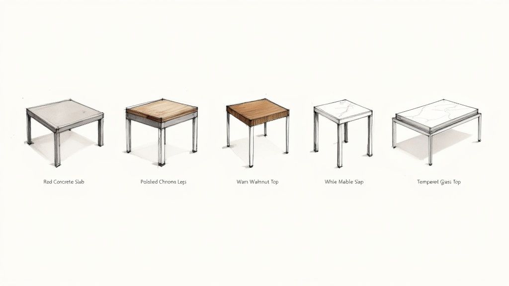 Illustration of five contemporary coffee tables, each with a unique top including concrete, wood, marble, and glass.