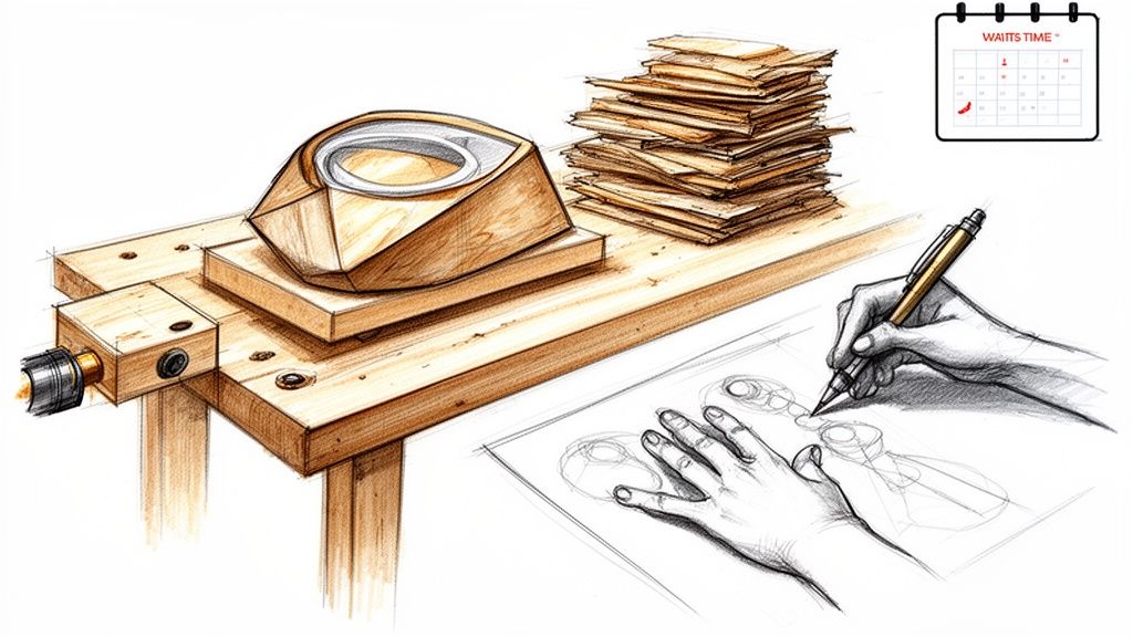 Hands sketching product designs on paper, next to a workbench with a carved wooden object and wood shavings.