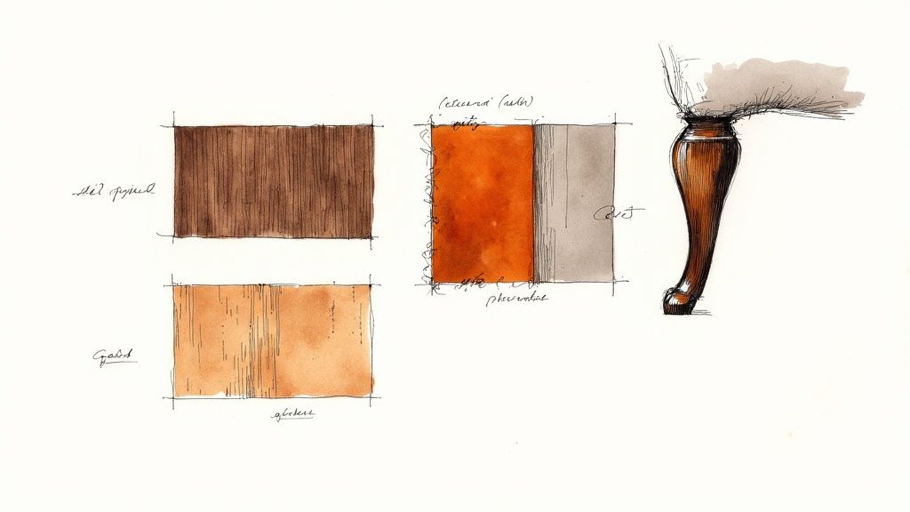 Close-up of the rich wood grain and fine upholstery on an Italian dining chair.