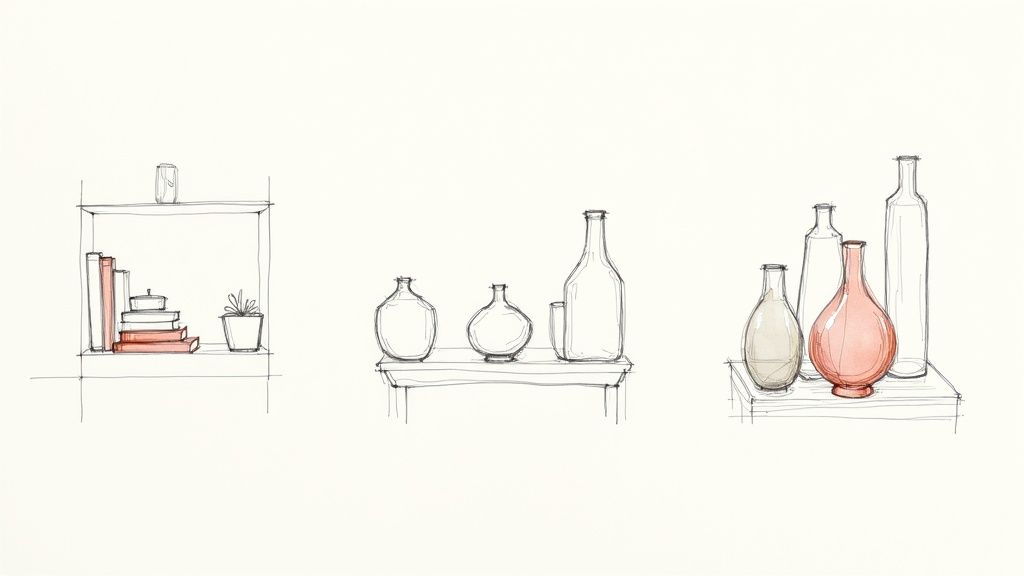 Collection of minimalist line art sketches featuring bottles, vases, books, and a potted plant.