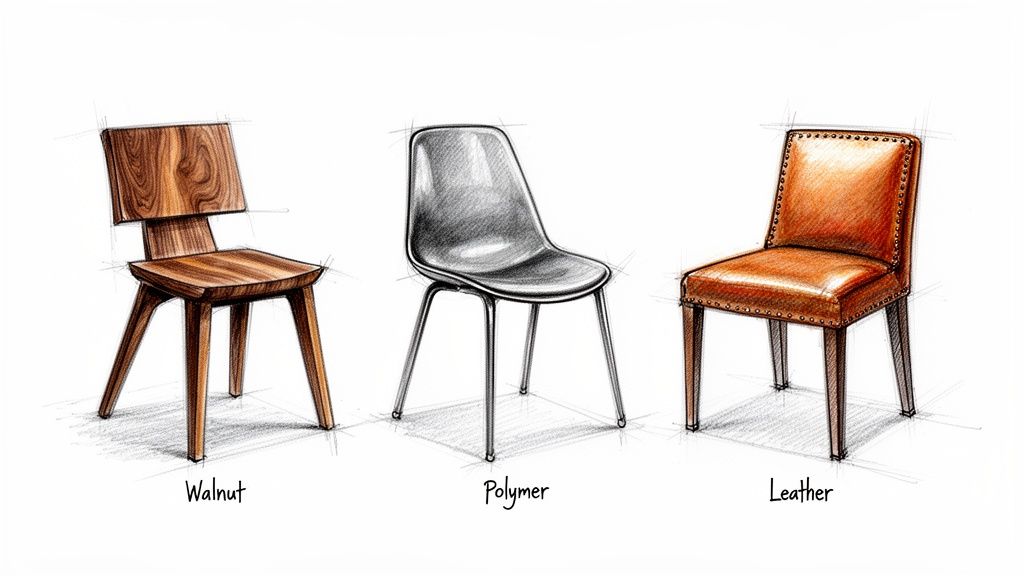 Sketches of three distinct dining chairs: a wooden walnut, a gray polymer, and a brown leather chair with studs.