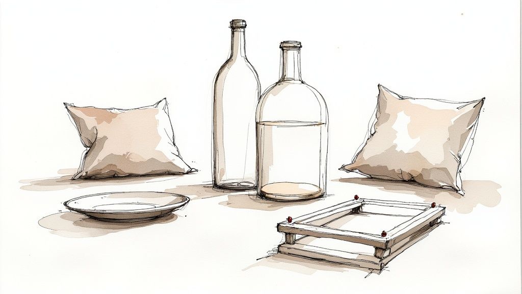 Several upcycled home accents, including a wine bottle turned into a vase.
