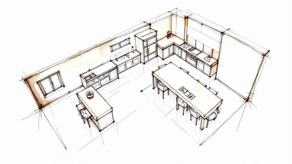 Architectural sketch illustrating a contemporary Italian kitchen design with two islands and L-shaped counters.