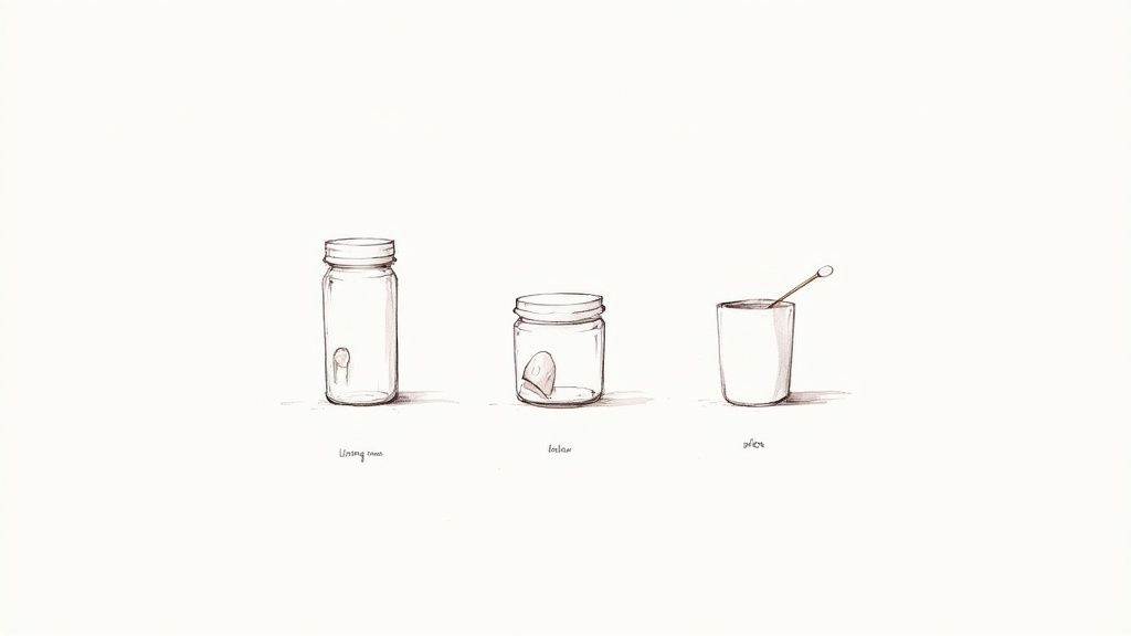 Three sepia-toned illustrations: two clear jars with objects, and a cup with a stick.