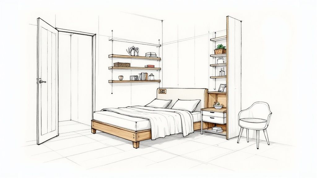 A stylishly organized small space with floor-to-ceiling shelving and woven baskets for storage.