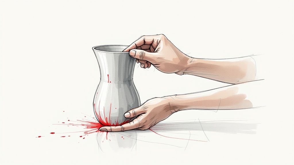 A person carefully painting a white 3D printed vase with a small brush, adding intricate blue details.