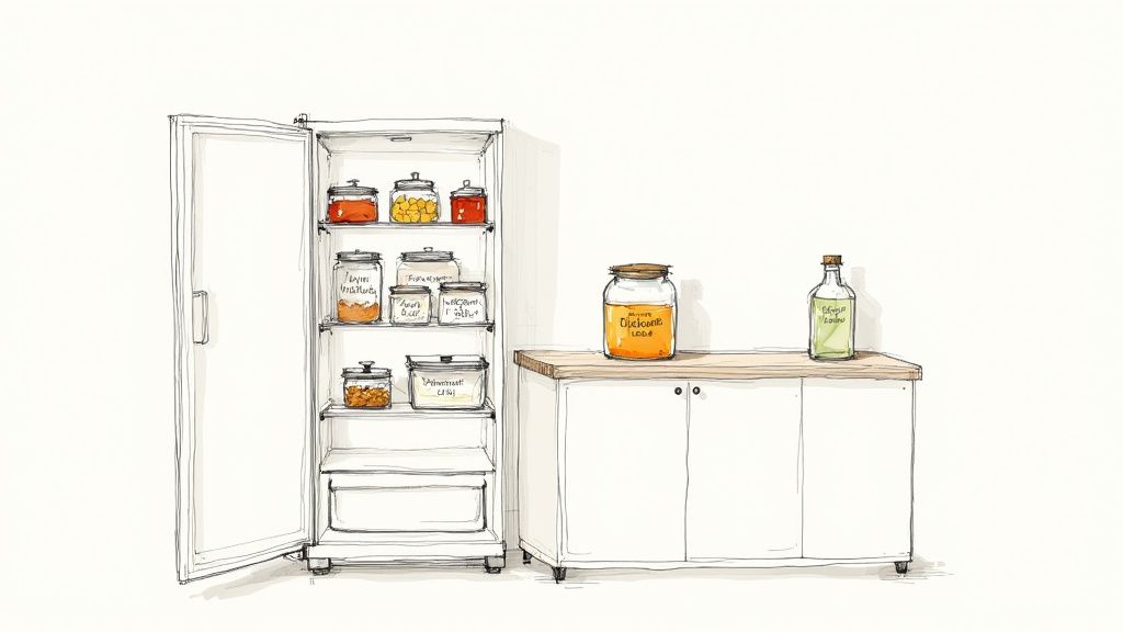 A clean, organized kitchen with glass jars of food on open shelves and fresh produce on the counter, showcasing a low-waste lifestyle.