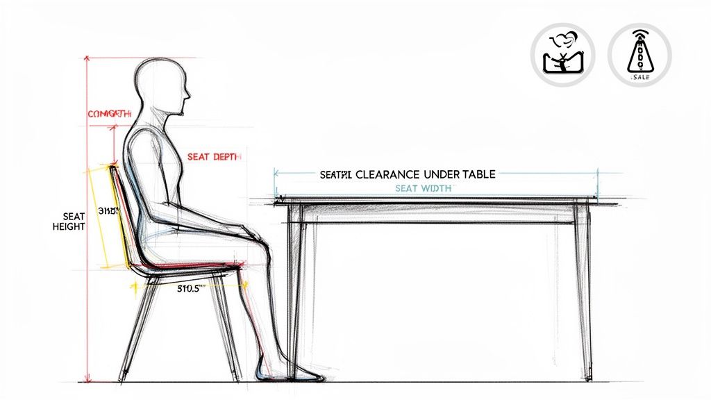 Ergonomic sketch of a person sitting on a dining chair at a table, showing key measurements.