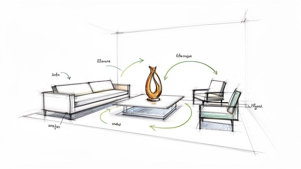 A hand-drawn interior design sketch of a modern living room featuring a sofa, coffee table, vase, and two armchairs.