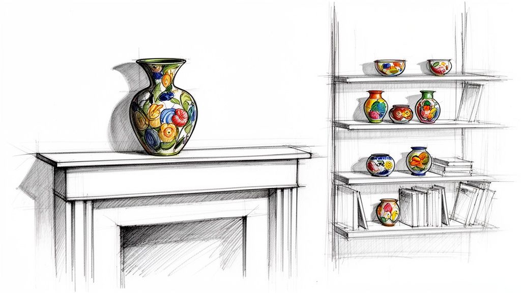 A detailed sketch of a hand-painted floral vase on a mantelpiece and various colorful ceramic pieces displayed on shelves.