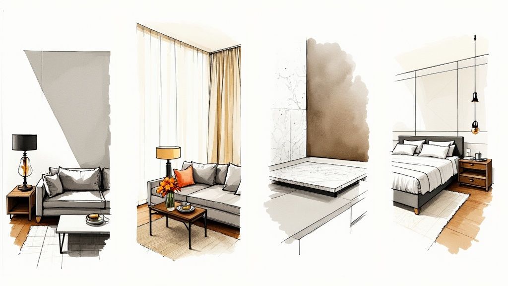 Four hand-drawn interior design sketches showcasing modern living room, bedroom, and spa area concepts.