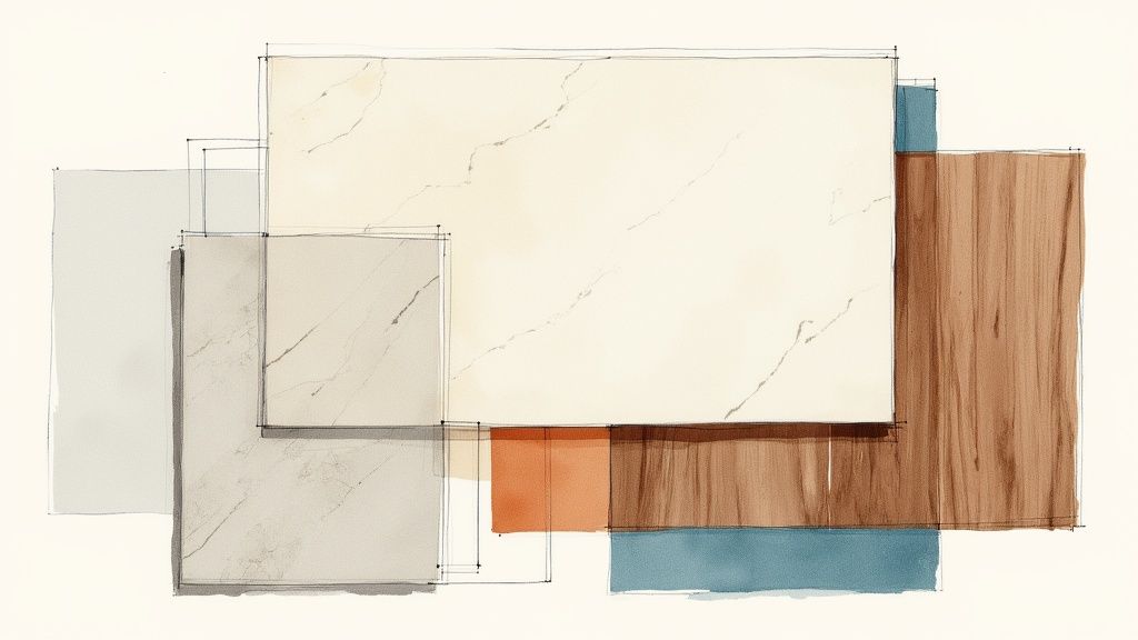 A contemporary Italian kitchen with a large Calacatta marble backsplash, dark walnut cabinets, and neutral-toned walls.