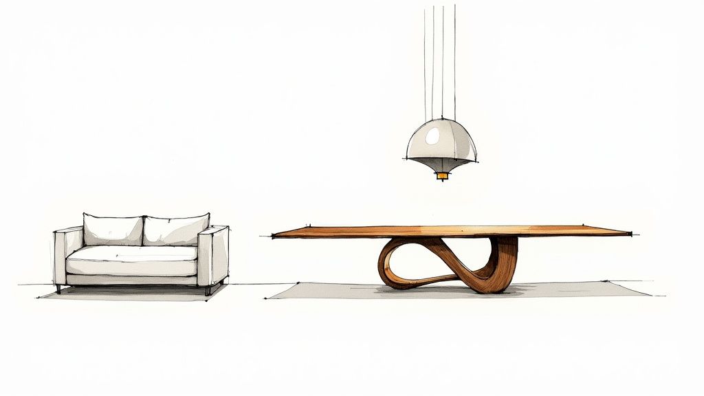 A minimalist Italian living room with a sculptural sofa and artistic lighting.