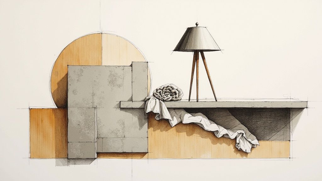 A cozy modern minimalist living room with a textured rug, linen sofa, and warm wooden accents.