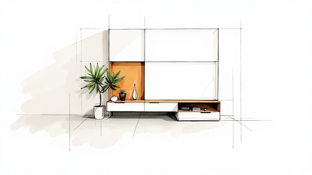 Minimalist sketch of a modern white and orange wall unit with decorative plants and vases.