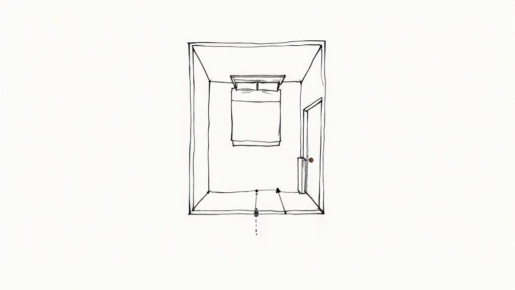 A beautifully arranged bedroom with the bed placed in the commanding position against a dark accent wall, flanked by nightstands.