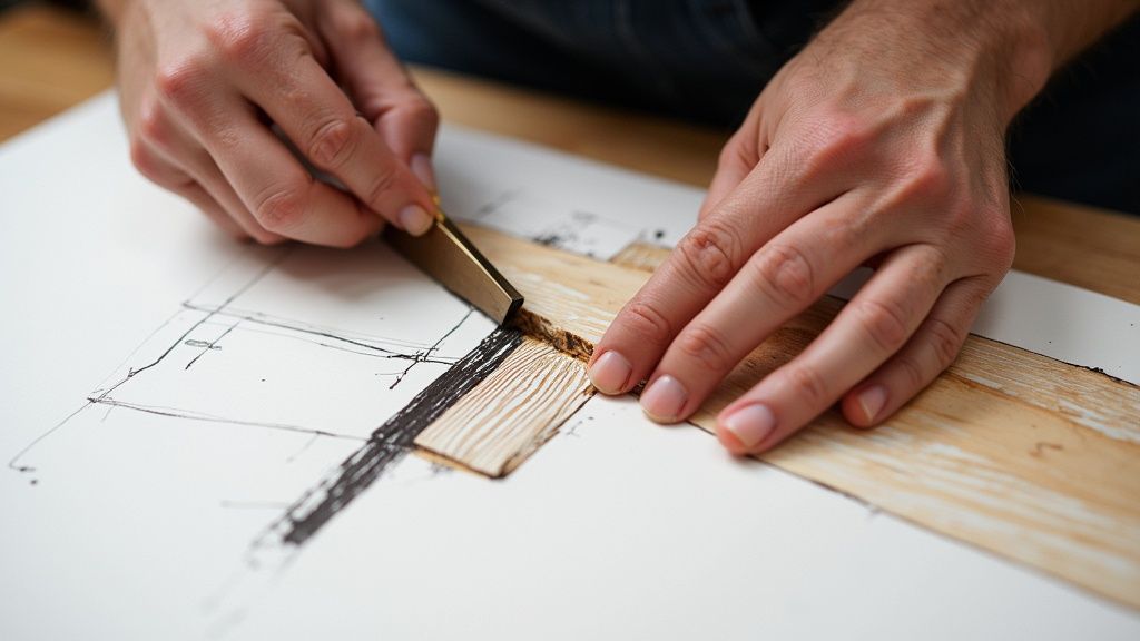 An artisan carefully finishing the wood on an Italian coffee table, with tools in the background.