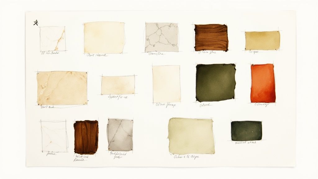 Hand-painted watercolor swatches showcasing various colors and textures for interior design inspiration.