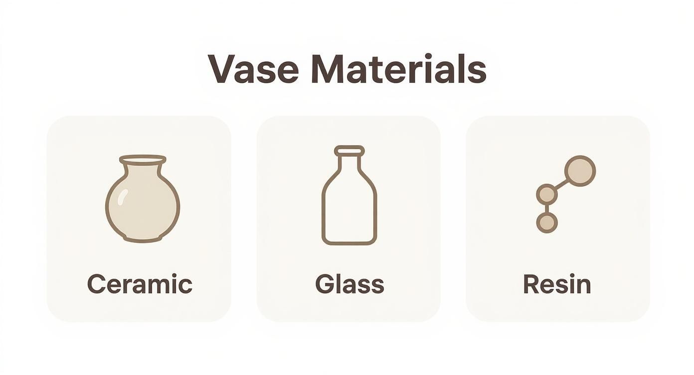 Infographic showing icons for Ceramic, Glass, and Resin vase materials.