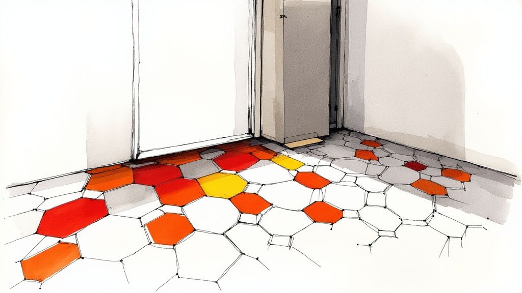 A hand-drawn sketch of a modern room corner with an open doorway and a floor decorated with vibrant hexagonal tiles in red, orange, and yellow.