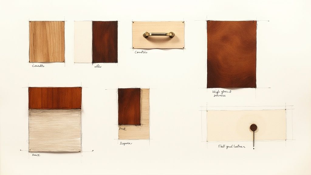 Wood furniture material samples showing various finishes, stains, and hardware options for bedroom furniture design