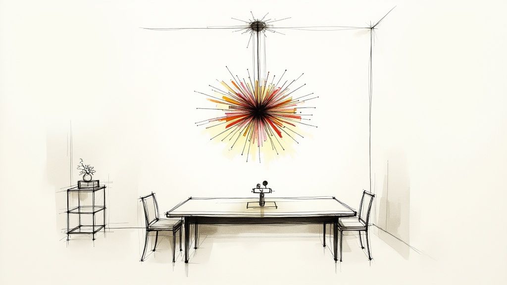 Modern dining room with colorful starburst wall art above table with two chairs and decorative shelving