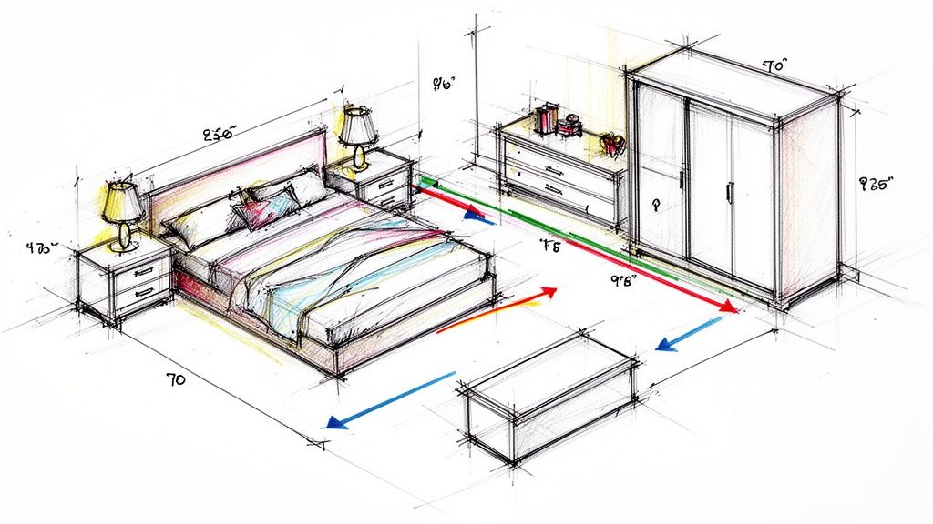 A detailed hand-drawn sketch showing a bedroom layout with a bed, nightstands, dresser, wardrobe, and bench, including dimensions.