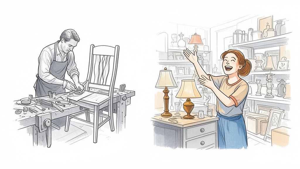 A split image showing a craftsman repairing a chair and a happy woman browsing an antique shop.