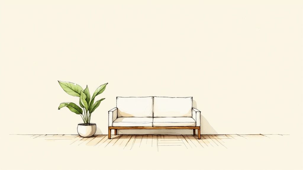 A beautifully arranged modern minimalist living room with neutral tones and clean lines.