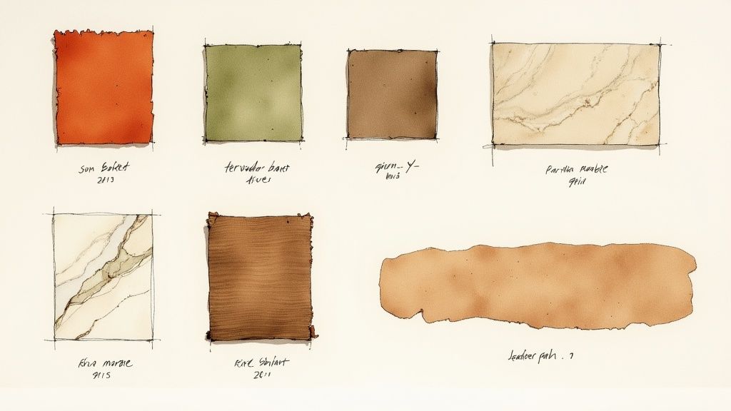 A modern Italian living room with terracotta walls, olive green accents, and rich wooden furniture.