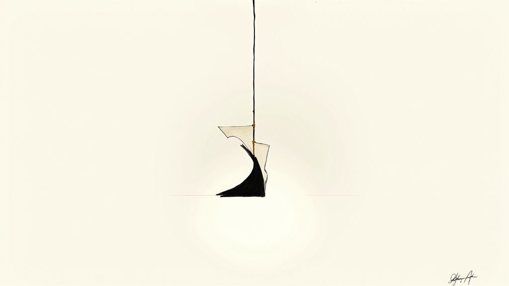 Minimalist illustration of elegant black high heel shoe suspended from thin black line
