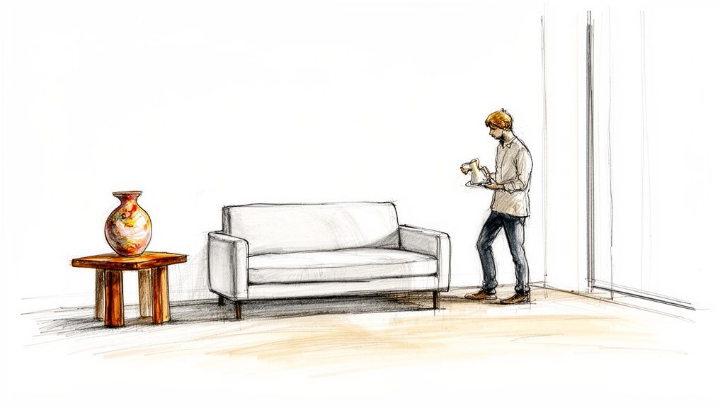 A watercolor and pencil sketch of a man carrying a tray in a minimalist living room.