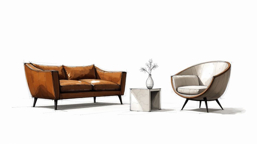 A beautifully arranged living room featuring sleek, modern Italian furniture with neutral tones and clean lines.