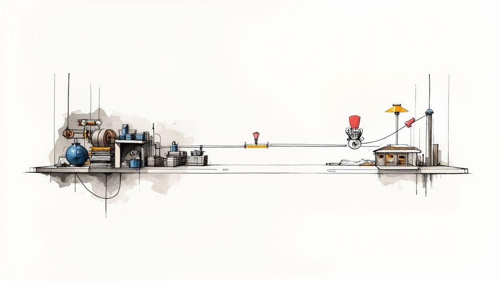 A detailed watercolor and ink drawing of an elaborate, interconnected system of machines and structures on a long shelf, suggesting a lean manufacturing setup.