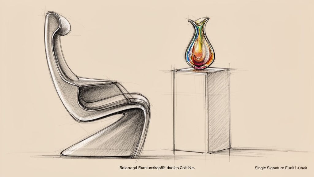 A stylish sketch showcasing a modern, curved chair next to a pedestal with a colorful glass vase.