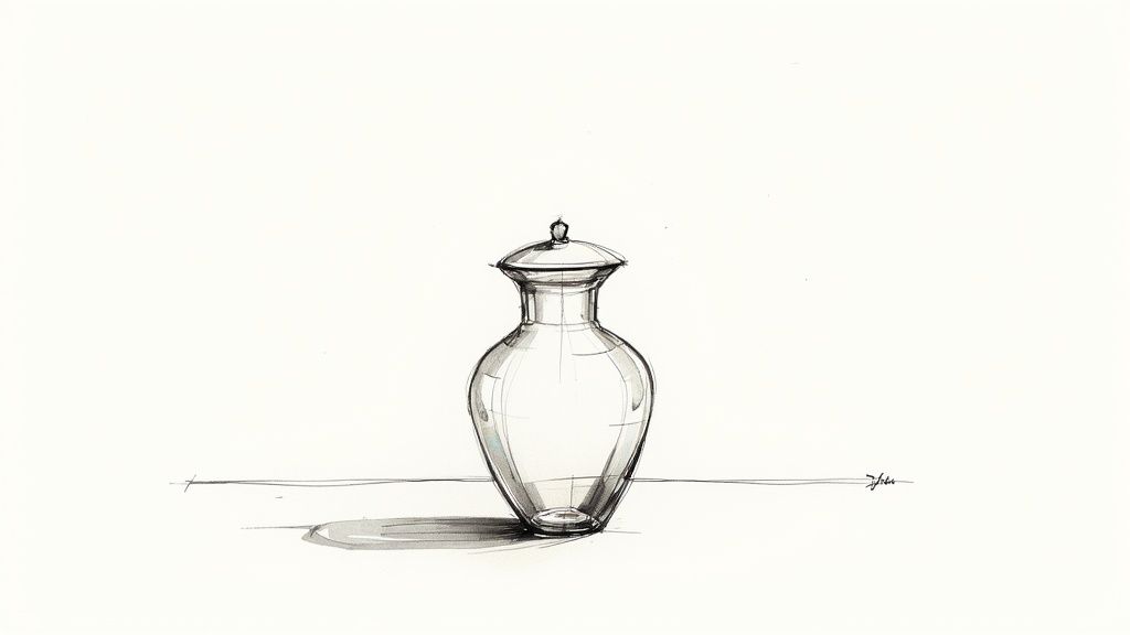 A delicate sketch of a crystal vase with a lid, featuring soft shading and fine lines on a white background.