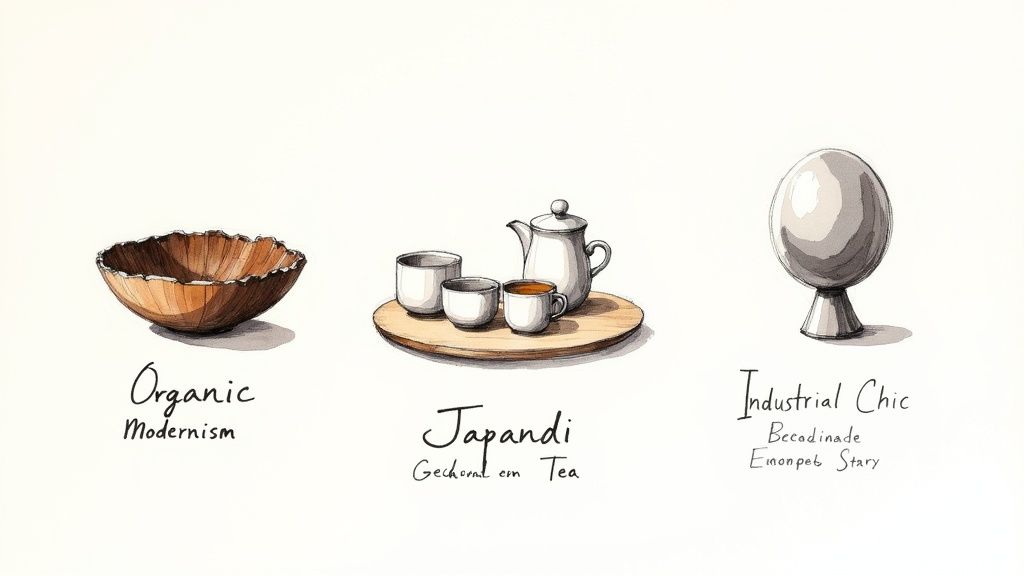 Contemporary decorative objects arranged on a minimalist white shelf.