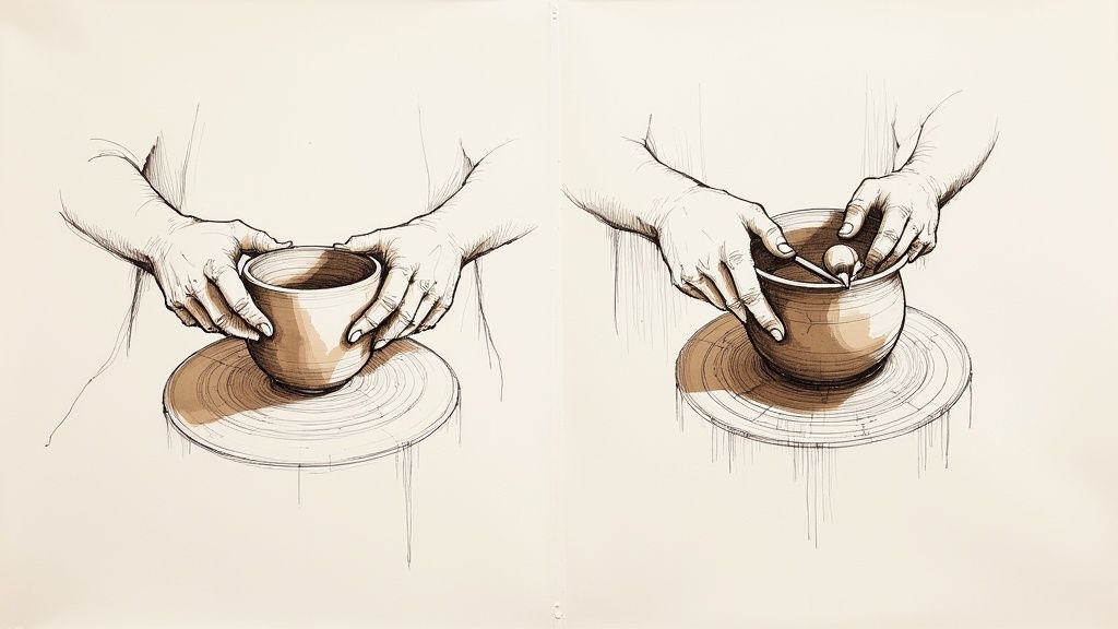 Hands shaping clay pottery on spinning wheel demonstrating ceramic crafting technique illustration