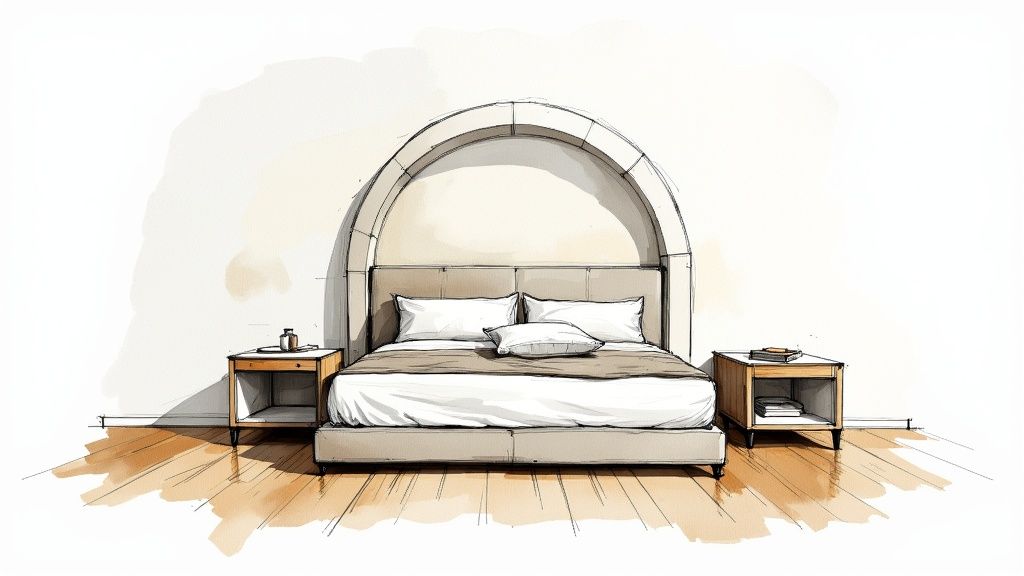 Modern Italian bedroom furniture with arched upholstered headboard and wooden nightstands on hardwood floor