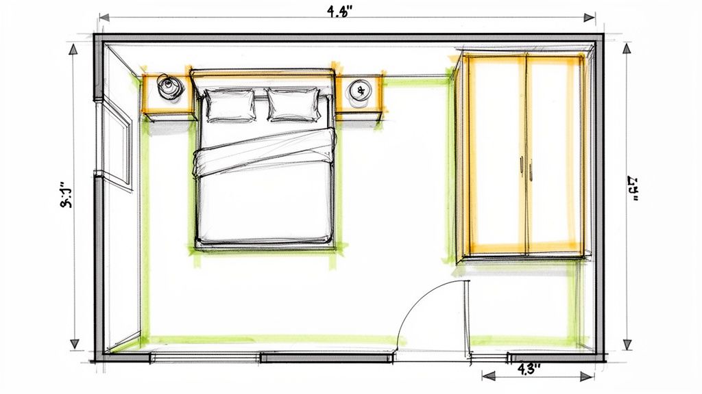 Top-down sketch of a rectangular bedroom floor plan, showing a bed, nightstands, closet, and dimensions.