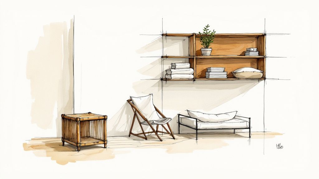 Cozy living room with sustainable materials like reclaimed wood and organic cotton textiles.