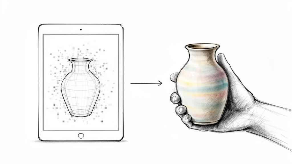Digital tablet shows 3D wireframe vase evolving into a colorful, physical vase held by a hand.
